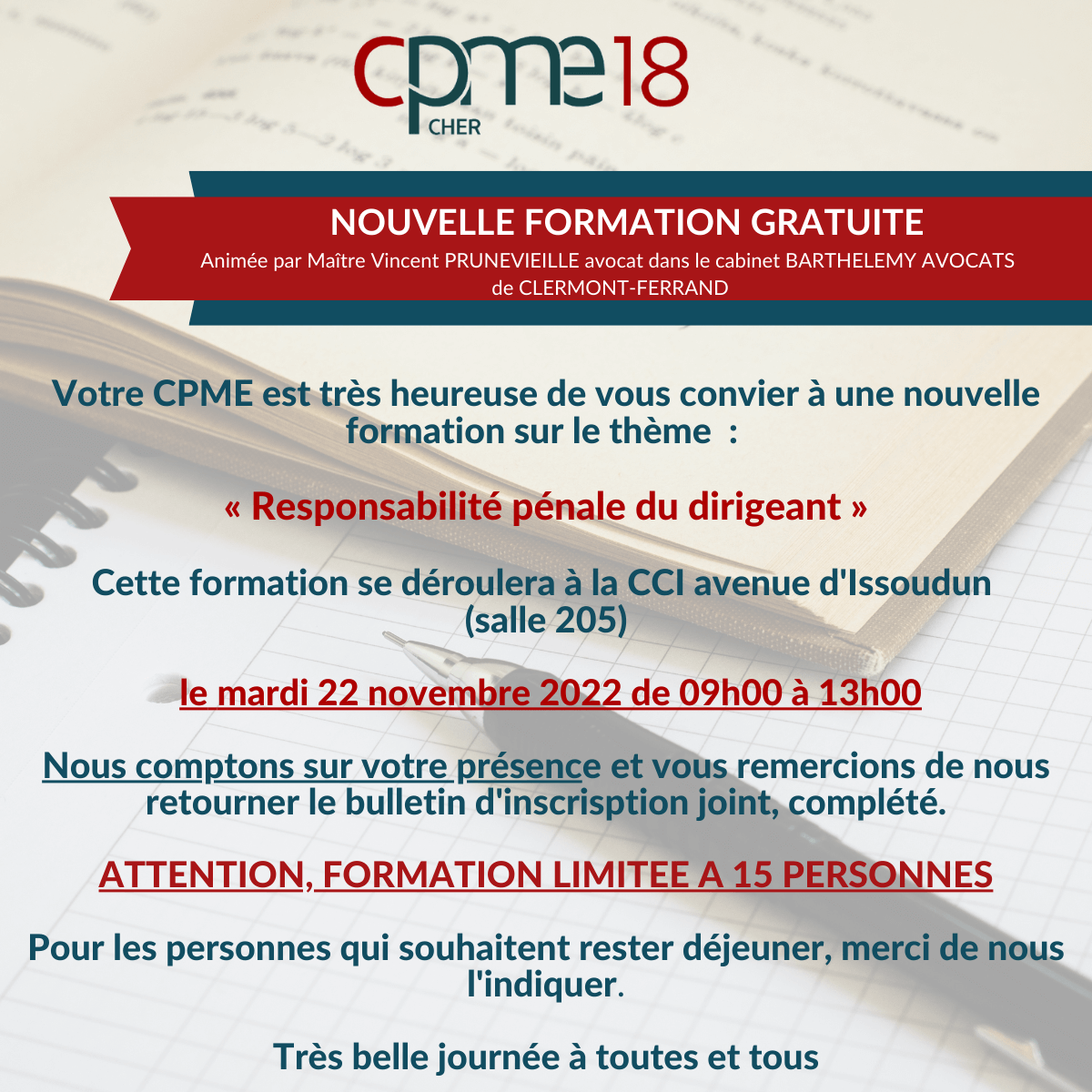 CPME18;FORMATION BARTHELEMY;RESPONSABILITE PENALE DU DIRIGEANT